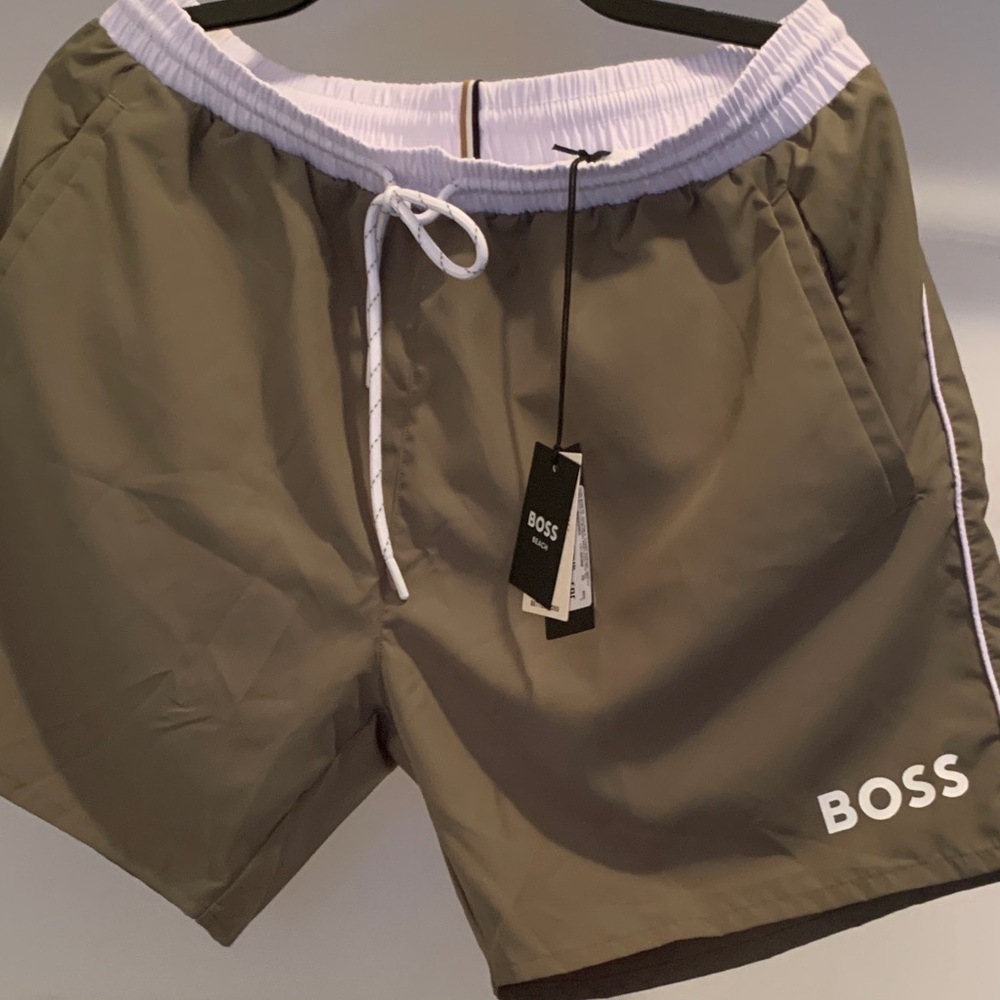 Boss Khaki Swim Shorts with White Accents